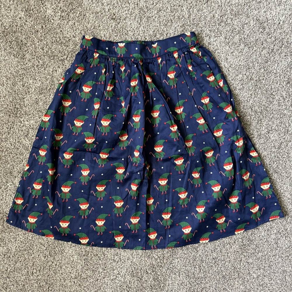 ModCloth Holiday Navy Elf‎ With Candycane Retro Full Skirt Pockets Size Small